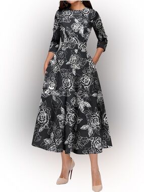 Black White Floral A-Line Midi Dress | 50s Retro Fit & Flare | Pockets | L